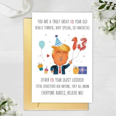 Imagem de Cartão engraçado Trump de aniversário de 13 anos para meninos e meninas, Hilarious Donald Trump 13th Birthday Card for Son Daughter, Humor 13 Years Old Birthday Card para Neto, 13th Bday Card Gifts