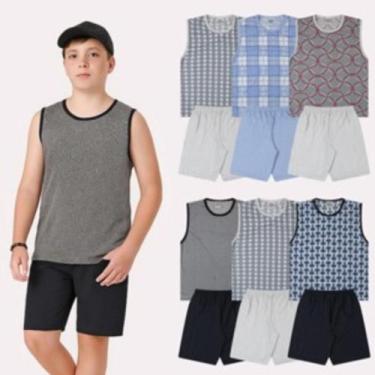 Imagem de Pijama Juvenil Menino 3 Conjunto Regata Sortida Para o Verão - 6 peças