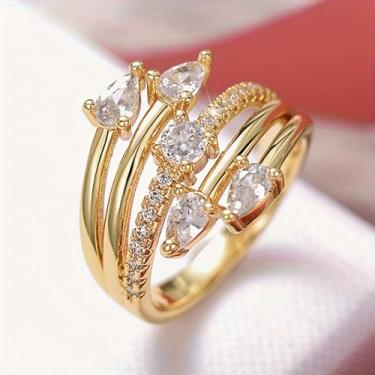 Imagem de Anel de zircônia cúbica banhado a ouro luxuoso elegante acessório personalizado ideal para uso diário feminino casual festa feriado aniversário amor joia presente, 10, Cobre, Sem pedra preciosa