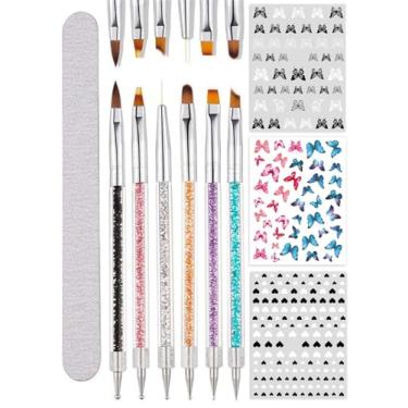Imagem de Kit de ferramentas e decoração de unhas, 6 peças de pincéis de unhas, ferramentas de arte de unhas de gel, pintura de esmalte de unha, conjunto de pincéis de desenho com coração borboleta adesivos de