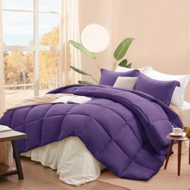 Imagem de SunStyle Home Conjunto de edredom king size, roxo, 3 peças, edredom leve, tamanho king, liso, costurado, macio, respirável, conjunto de cama alternativo com 2 fronhas para todas as estações