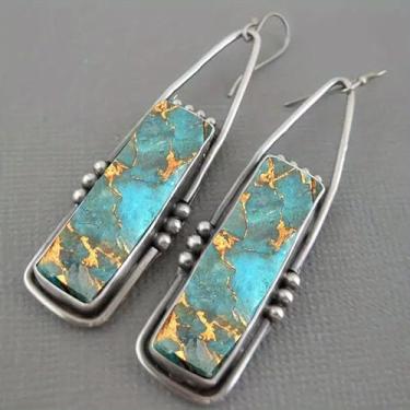 Imagem de Brincos femininos com pingente de pedra turquesa boêmia, brincos retangulares coloridos, joias boêmias artísticas, presente para ela, One size, Liga de aço, Sem pedra preciosa