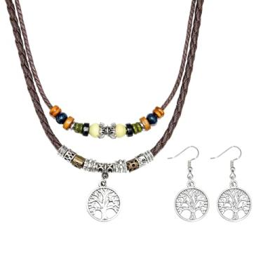 Imagem de ROJEMXVE Conjunto de brincos de contas de madeira em camadas Boho para mulheres, homens, couro de madeira marrom, gargantilha boêmia, joias para presentes, One size, Madeira, Ferro