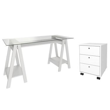 Imagem de Mesa Escrivaninha 150cm Cris Tampo Vidro E Gaveteiro 3 Gavetas Nil A06 Branco - Mpozenato