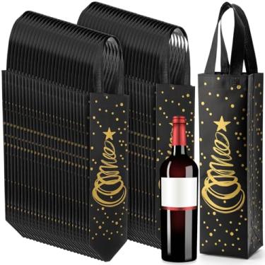 Imagem de Wesnoy 50 peças de sacos de presente de garrafa de vinho não tecidos reutilizáveis de Natal a granel 33,6 x 3,5 x 3,9 x 3,9 sacos de presente de garrafa de Natal com alças para festa de Natal (preto