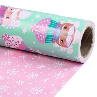 Imagem de RUSPEPA Rolo de papel de embrulho reversível de Natal para meninas, mini rolo, Papai Noel fofo com design de guloseimas e floco de neve rosa para presentes de Natal e festa de Natal, 43 cm x 40 metros