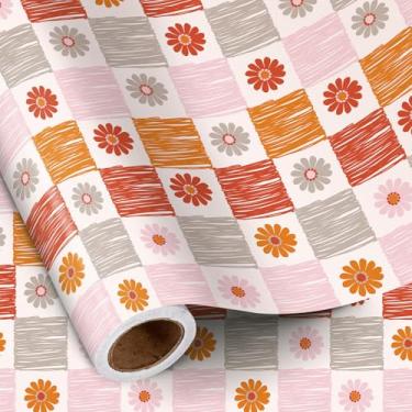 Imagem de RUSPEPA Rolo de papel de embrulho boho retrô, mini rolo, design de tabuleiro de xadrez floral vintage, papel de embrulho de margarida colorida para presentes de aniversário, primavera e boêmio, 43 cm