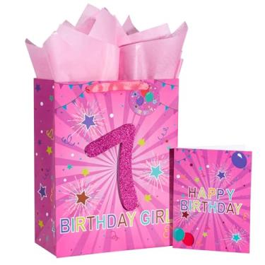 Imagem de Loveinside Bolsa de presente rosa de aniversário com papel de seda, etiqueta de presente e cartão comemorativo para meninas da 7ª vez, crianças, festas e mais, 25,4 x 12,7 x 33 cm, 1 peça, 7 anos de