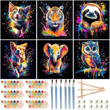 Imagem de Mowana Kits de pintura por números para adultos iniciantes tela emoldurada, pacote com 6 animais DIY kits de pintura a óleo árclica com cavalete de madeira, 20 x 20 cm