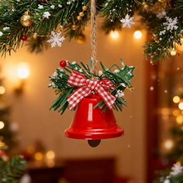 Imagem de Enfeite de sino de Natal com frutas vermelhas e laço xadrez – Decoração de sino de trompete de metal pendurado para árvore de Natal, porta, casa, escritório, decoração de festa de férias (4,5 × 6,6 cm
