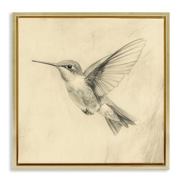 Imagem de Stupell Industries Arte de parede vintage beija-flor em tela flutuante emoldurada dourada, design por Petal Prints Design, 63 x 63 cm