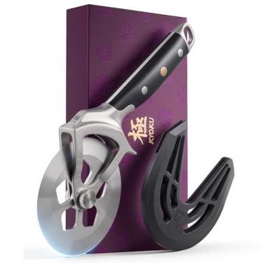 Imagem de KYOKU Cortador de pizza de 10 cm, cortador de pizza destacável com recorte em forma de Sakura, cortador de pizza de roda de aço de alto carbono com tampa de lâmina, escova de proteção de mão, caixa de