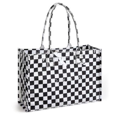 Imagem de Bolsa feminina KALIDI PVC papel kraft para trabalho com alça superior, Xadrez preto, Large