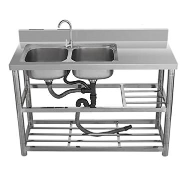 Imagem de TRGCJGH Pia utilitária autônoma tigela dupla de aço inoxidável com bancada de trabalho e prateleiras de armazenamento, pia de cozinha, lavatório de mão (120 x 50 x 80 cm/47,2 x 19,6 x 12,4 polegadas