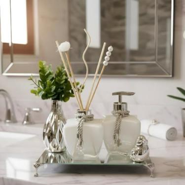 Imagem de Kit Para Lavabo Luxo Difusor Saboneteira Bandeja Vaso e Enfeite Decorativo + Kit de Varetas - K292Prata Coleção Marrocos