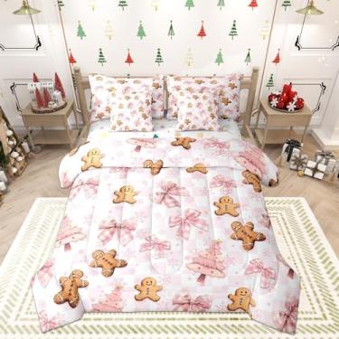 Imagem de Conjunto de edredom infantil com laço de Natal, tamanho solteiro, arco rosa, pinheiro, reversível, bolo de gengibre, flocos de neve, conjunto de cama com edredom, lençol e fronha