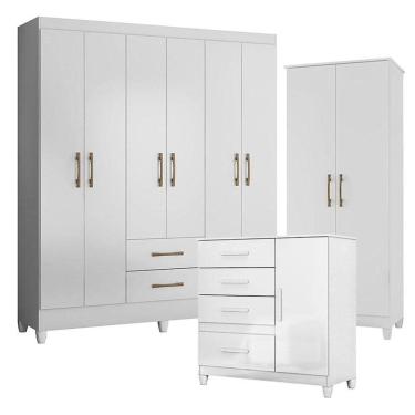 Imagem de Guarda Roupa Casal Panamá Com Cômoda Vênus Com Pés E Armário Multiuso Jade Branco Brilho- Moval