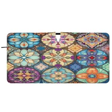 Imagem de Blueangle Para-brisa de azulejo têxtil oriental colorido - 149.9 cm x 76.2 cm dobrável carro janela frontal blocos para-sol raios UV viseira de sol (443)