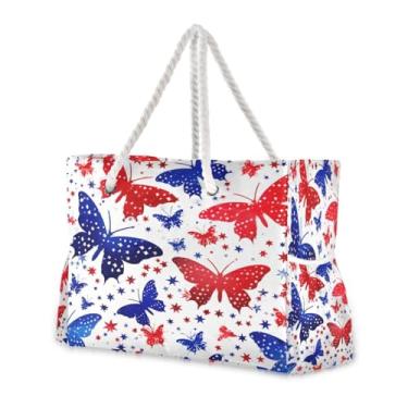 Imagem de Wassud Bolsa de praia grande borboleta estrela bolsa de praia para mulheres, impermeável, à prova de areia, bolsa de viagem com zíper e bolso, piscina, academia, acampamento