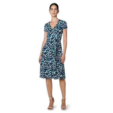 Imagem de Eliza J Vestido feminino de manga curta e gola V Ptd Ity Fit & Flare, Azul-petróleo, 36