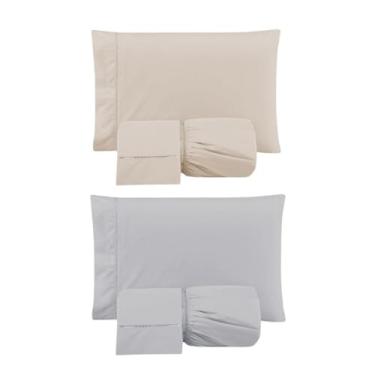 Imagem de Kit 2 Jogos de Lençol Casal Padrão com Elástico e Fronhas Bordada em Ponto Palito, 6 Peças em Micropercal 300 Fios 100% Poliéster (2 Jogos CP Versat (Cáqui/Cinza))