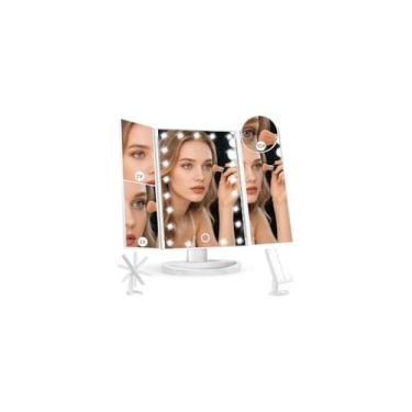 Imagem de Espelho de Maquiagem Triplo Dobrável com Iluminação LED, Ampliação 2x e 3x, Rotação 180°, Branco, 31.5x13.5x18.5cm, USB