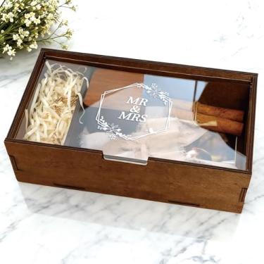 Imagem de SEEBERY Caixa de lembrança de casamento com tampa - Caixa de memória de madeira personalizada para noiva e noivo, presente exclusivo para casais, recém-casados, noivado, chá de panela e despedida de
