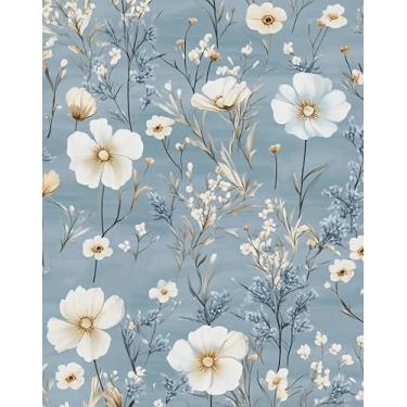 Imagem de Laatse Papel de parede floral azul para contato botânico branco papel de parede vintage folha mural para quarto banheiro vinil impermeável autoadesivo removível locatário dormitório papel de parede