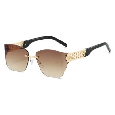Imagem de HCHES Óculos de Sol Femininos de Luxo Sem Armação com Lentes Degradê, Armação Retrô de Metal, Oco, para Uso Casual, Proteção UV400 (Marrom Dourado)