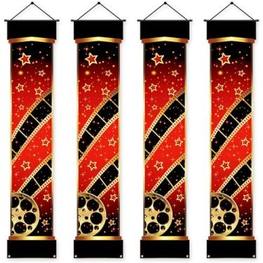 Imagem de 4 peças faixa de pendurar para varanda de cinema noite tema noite decorações de festa tapete vermelho sinal de alpendre placa de prêmio tapete pendurado para casa, filme, câmera, pano de fundo