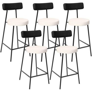 Imagem de Kit 05 Banquetas Baixa Cozinha Sala Jantar Bancada Milão L02 Couríssimo Preto Linho Cru - Lyam Decor