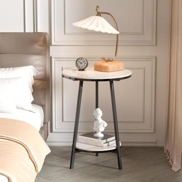 Imagem de Mesa lateral redonda para sala de estar, mesas de canto de mesa de mármore de 2 camadas com base de metal estética simples, mesa de cabeceira moderna mesa de café para quarto, sofá, pátio, varanda