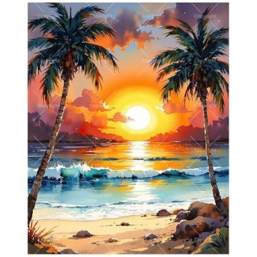 Imagem de Kit de pintura de paisagem marítima por números para adultos – DIY Tropical Beach Sunset com palmeiras pintura em tela, conjunto de tinta acrílica, adequado para iniciantes, arte para decoração de