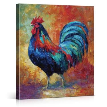Imagem de Impressão de arte de parede de galo vibrante vintage, pintura em tela rústica de galinha de animais de fazenda, decoração de parede para casa, casa de fazenda, sala de estar, moldura 20 x 25 cm
