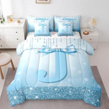 Imagem de Conjunto de edredom solteiro com letra J, para crianças, adultos e mulheres, conjunto de cama de 7 peças com laço de alfabeto fofo em uma bolsa, moderno, moderno, moderno, conjunto de colcha