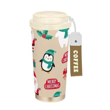 Imagem de TSENQUE Copo de café de 473 ml com revestimento de cerâmica, copo de café de aço inoxidável com canudo e tampa de enchimento, copo isolado a vácuo, fofo Papai Noel de Natal bege