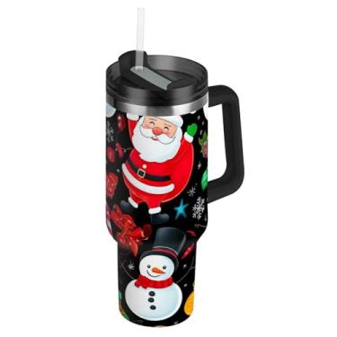 Imagem de Copos com tampas e canudos de Natal com desenho animado de Papai Noel preto copo com alça 850 g garrafa térmica de água de aço inoxidável isolada para copo de carro