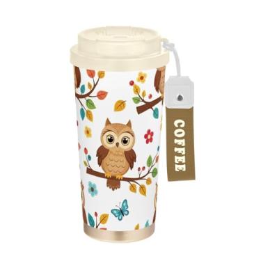 Imagem de Caneca floral de corujas de desenho animado, 40 ml com canudo e tampa, canecas de café de parede dupla isoladas a vácuo com revestimento cerâmico para escritório, escola, festa, acampamento