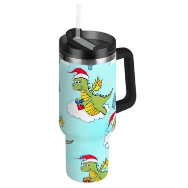 Imagem de Copos de aço inoxidável com tampas e canudo lindos dragões de desenho animado azul céu quente xícaras de café para carros à prova de vazamento copo de 850 g com alça garrafa de água isolada