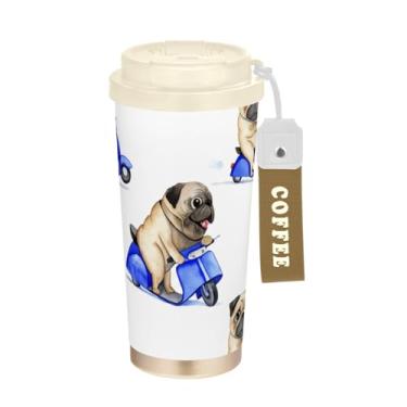 Imagem de TSENQUE Copo de café de viagem de 473 ml com revestimento de cerâmica, copo de caneca de café de aço inoxidável com tampa de enchimento e canudo, copo isolado a vácuo, fofo patinete pug branco
