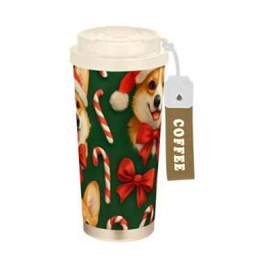 Imagem de TSENQUE Caneca de café de viagem 40 ml com canudo e tampa, revestimento cerâmico, isolamento a vácuo, copo de café de aço inoxidável, à prova de vazamento, cães corgi fofos Papai Noel Natal