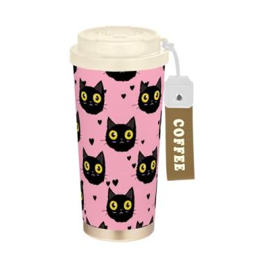Imagem de TSENQUE Copo de café de 473 ml, copo de café de viagem com revestimento cerâmico com canudo e tampa, copo isolado a vácuo de aço inoxidável, rostos de gato preto fofo, coração rosa