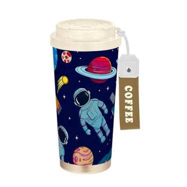 Imagem de TSENQUE Caneca de café de viagem de 473 ml com revestimento cerâmico, copo de café de aço inoxidável com canudo e tampa, copo isolado a vácuo, desenho astronauta de planetas espaciais