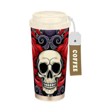 Imagem de TSENQUE Caneca de café de viagem de 473 ml com tampa de canudo e filp, canecas de café de parede dupla isoladas a vácuo com revestimento cerâmico, caveira engraçada vermelha roxa