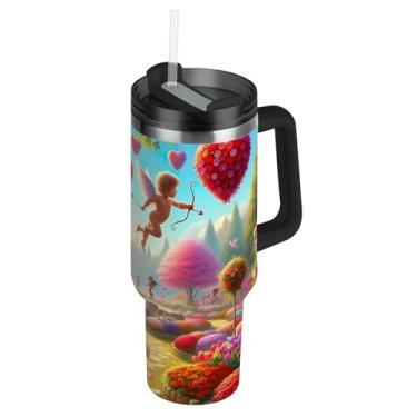 Imagem de Copo de 850 g com alça Copos de aço inoxidável com tampa e canudo Garrafa de água reutilizável com isolamento térmico xícaras de café quente para carro, dia dos namorados, caminho de flores