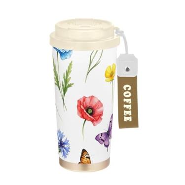 Imagem de TSENQUE Borboletas coloridas de flores silvestres, caneca de café para viagem, 40 ml com canudo e tampa, copo de parede dupla isolado a vácuo com revestimento cerâmico para escritório, escola, festa