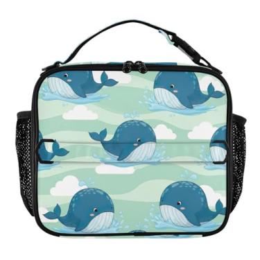 Imagem de Joisal Lancheira azul de baleias fofas para mulheres, meninas, lancheira com alça de ombro masculina e infantil, lancheira para trabalho e meninos, linda bolsa térmica com flores