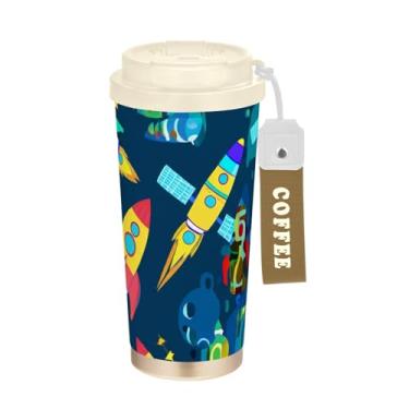 Imagem de Caneca de viagem de café 16+ Oz, copo de café de viagem com revestimento cerâmico com canudo e tampa, copo isolado a vácuo de aço inoxidável, desenho animado colorido foguete azul espaço