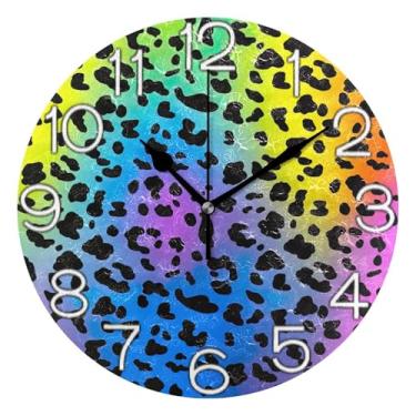 Imagem de GAIGEO Relógio de parede analógico decorativo divertido alimentado por bateria relógio de cozinha fofo, decoração de parede de sala de estar moderna, manchas de leopardo preto coloridas, 25 cm