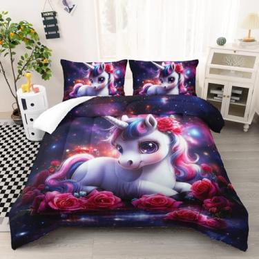 Imagem de AILONEN Conjunto de edredom de unicórnio rosa sonhador, tamanho solteiro, galáxia, céu estrelado, animal, para crianças, kawaii, floral, unicórnio, edredom com 2 fronhas